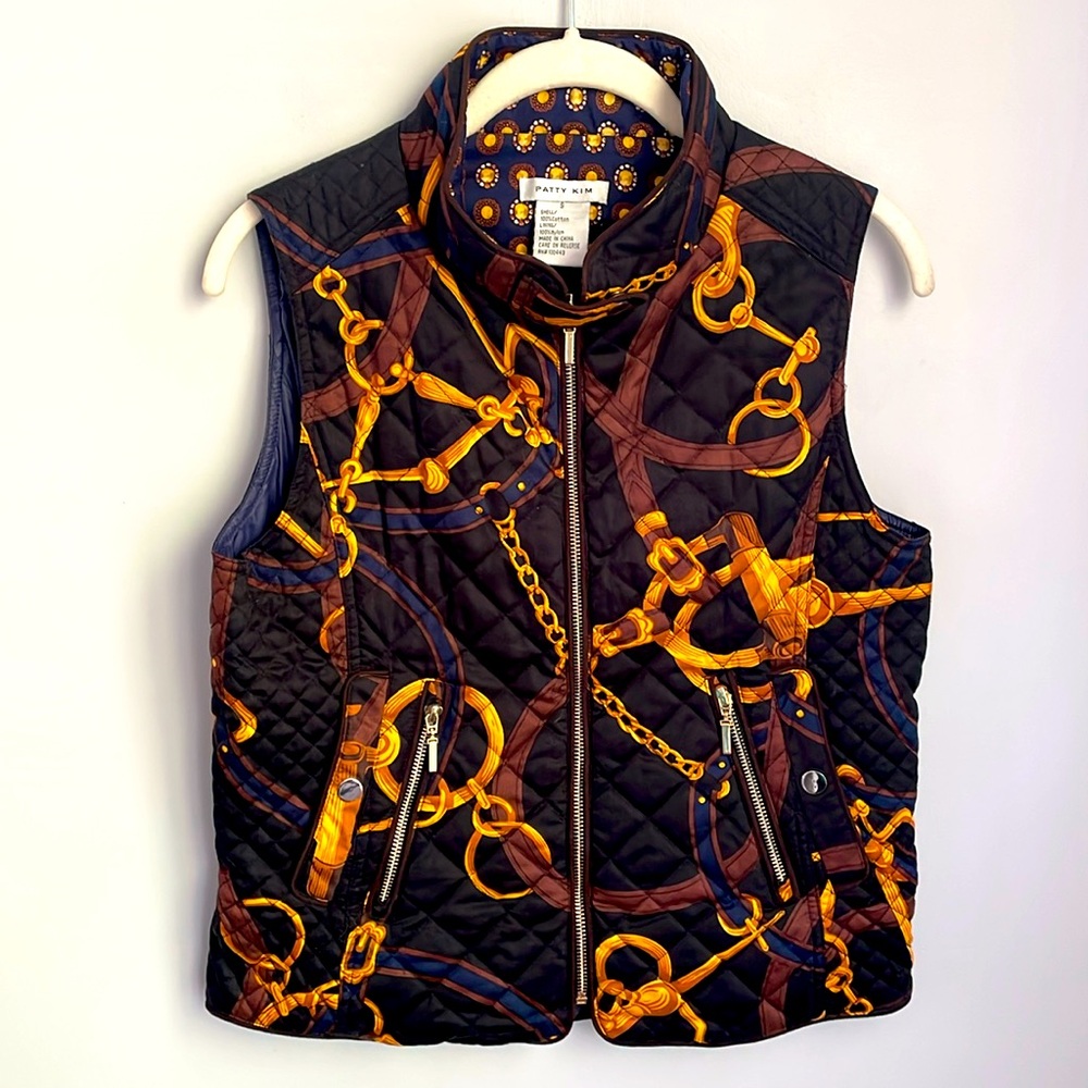 Patty Kim Equestrian Print Quilted Full Zip Vest Size Small